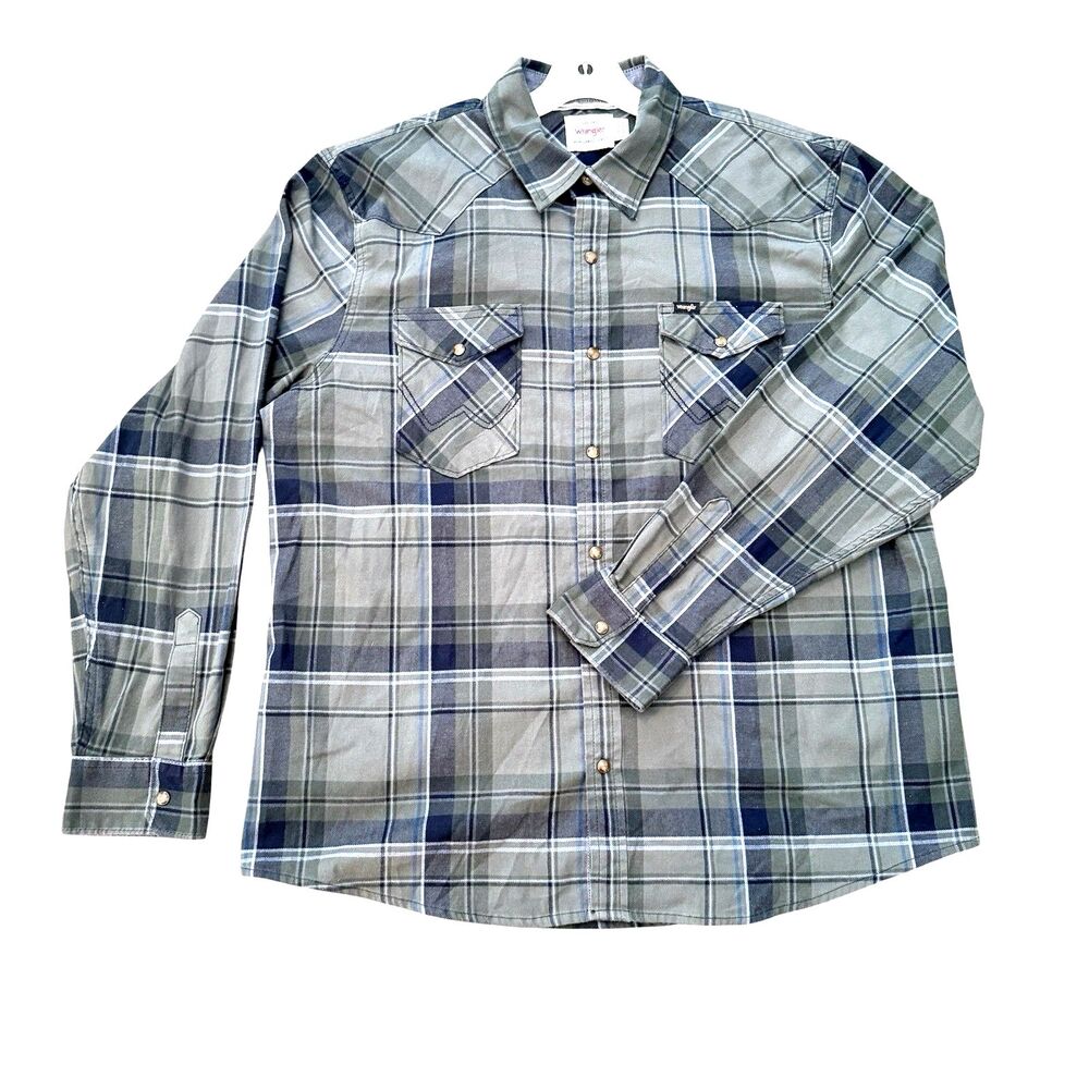 VTG Wrangler PearlSnap Mens Shirt XL Olive Green Plaid Brushpopper Western Rodeo